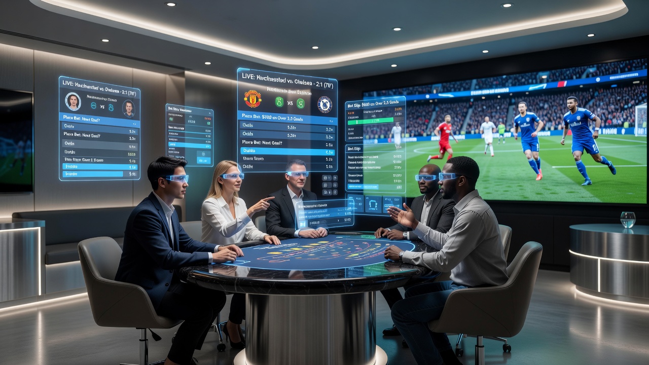 Close-up view of a bettor using a tablet to place bets on an AR casino table overlaid on a soccer match
