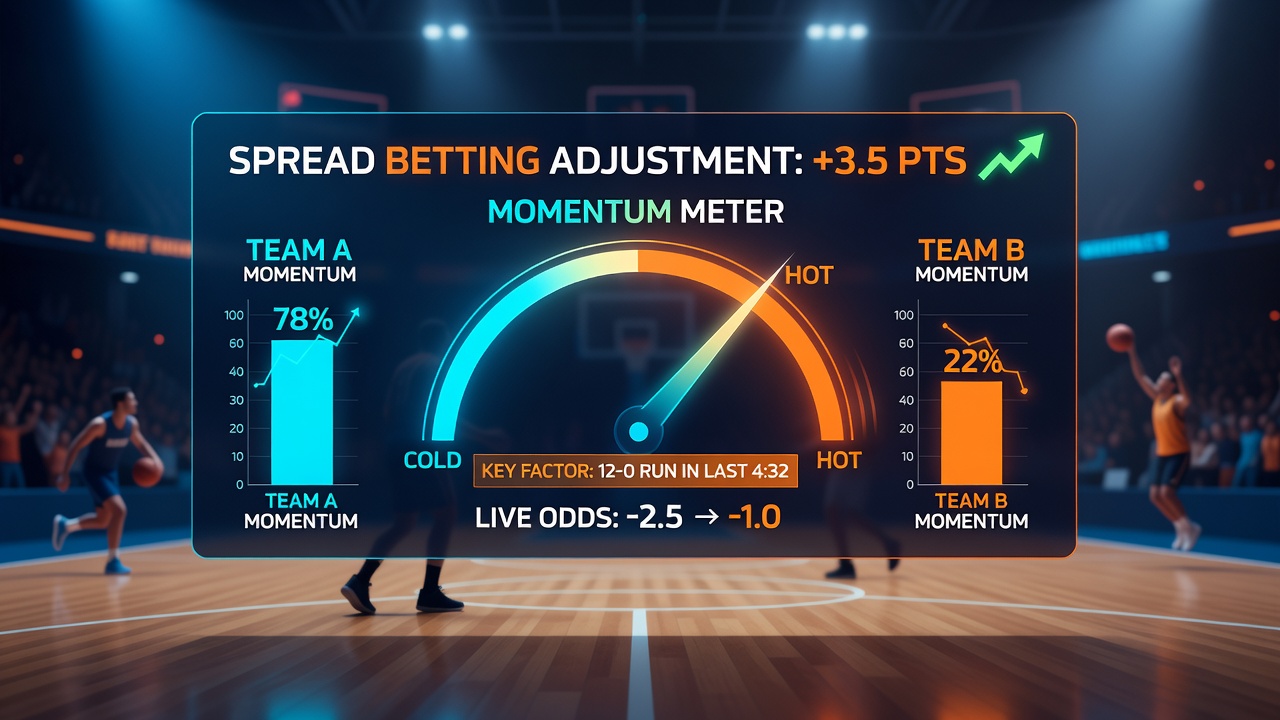 Close-up view of basketball analytics overlay showing momentum score, possession efficiency, and live spread movement