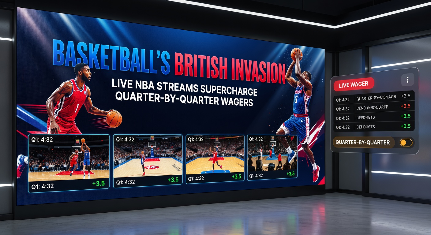 Close-up of a betting interface displaying live NBA quarter odds, with a stream playing in the background showing players in action