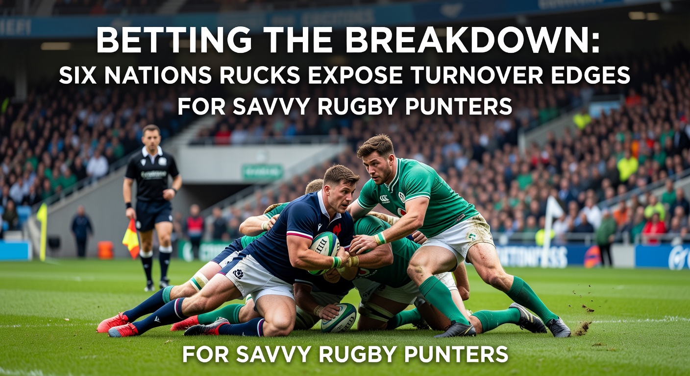 Close-up of a tense Six Nations ruck turnover, with a jackal player ripping the ball free as teammates surge in, capturing the raw intensity punters bet on in live markets