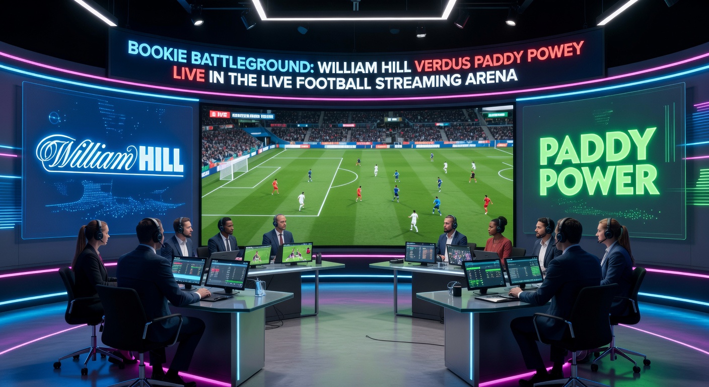 Split-screen view of William Hill and Paddy Power apps displaying live football streams with overlaid betting odds