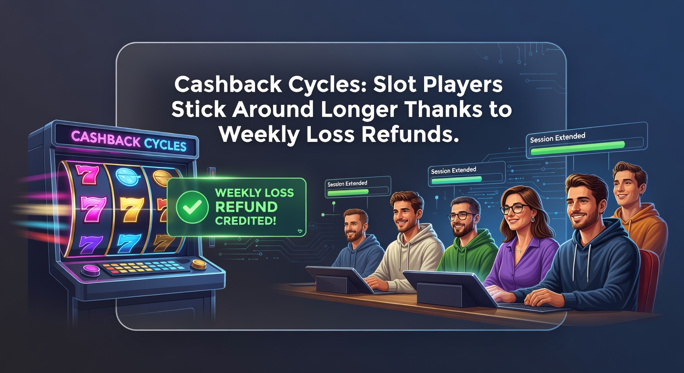 Vibrant slot machine display with cashback promotion overlay, illustrating weekly loss refunds in action