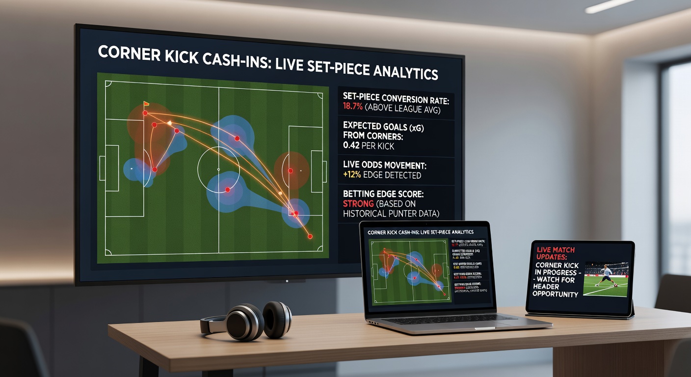 A bookmaker's screen displaying fluctuating live odds during a soccer match corner kick sequence, graphs overlaying player stats