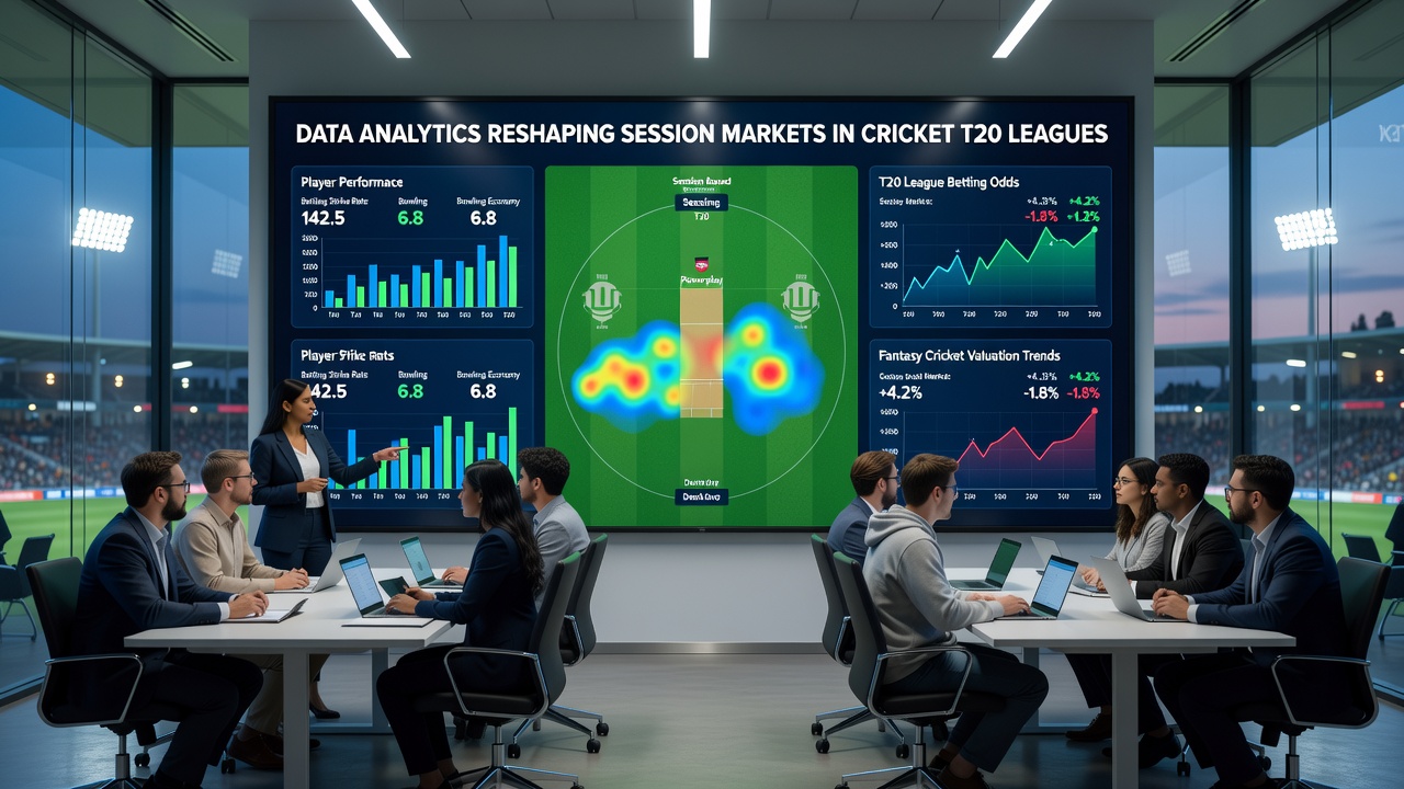 Cricket analysts reviewing real-time session market data on multiple screens during a T20 league match