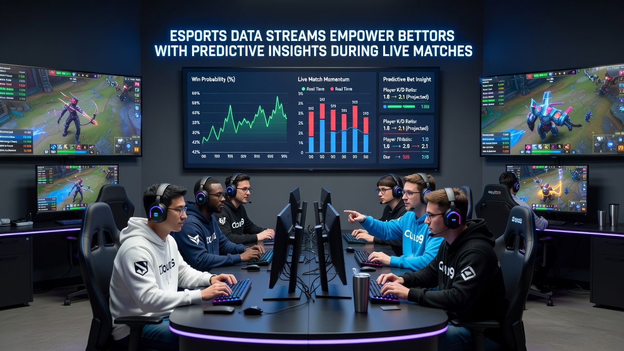 Esports analysts reviewing live match data feeds on multiple monitors during a competitive tournament