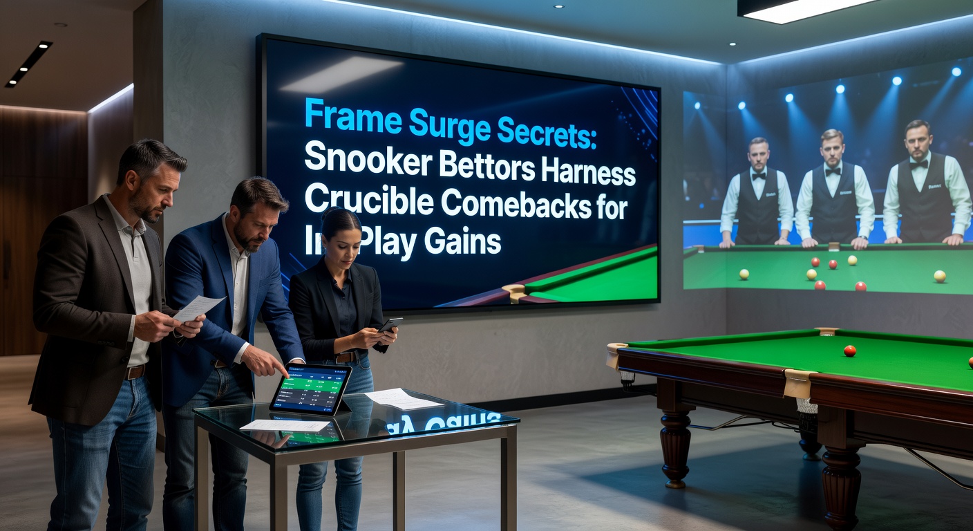 Snooker players locked in intense frame at teh Crucible Theatre, cue balls scattering amid high-stakes drama