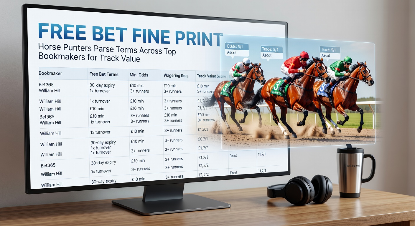 Horse racing punters at the track reviewing free bet terms on their phones amid a bustling racecourse crowd