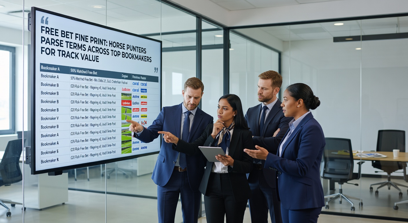 Close-up of a bookmaker's terms and conditions page on a laptop, highlighted sections on free bet expiry and odds requirements, with horse racing form in the background