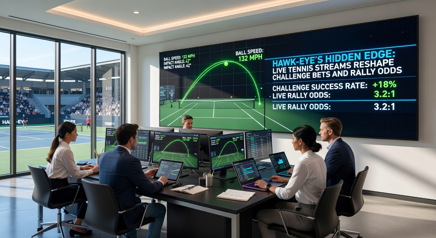 Close-up of a tennis player challenging a line call with Hawk-Eye replay visible on stadium screens and live stream