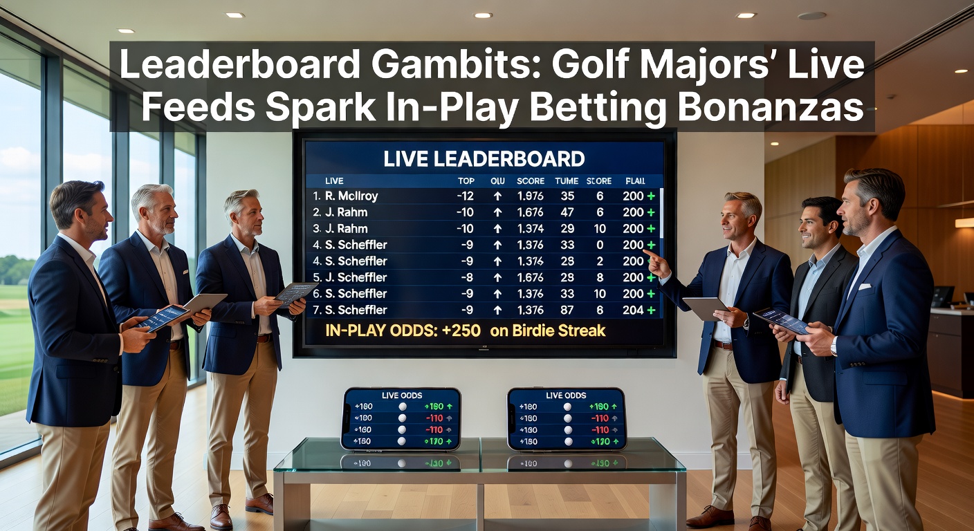 Golfers competing on a sun-drenched major championship course with live leaderboard updates flashing in the background, capturing the intensity of in-play betting moments