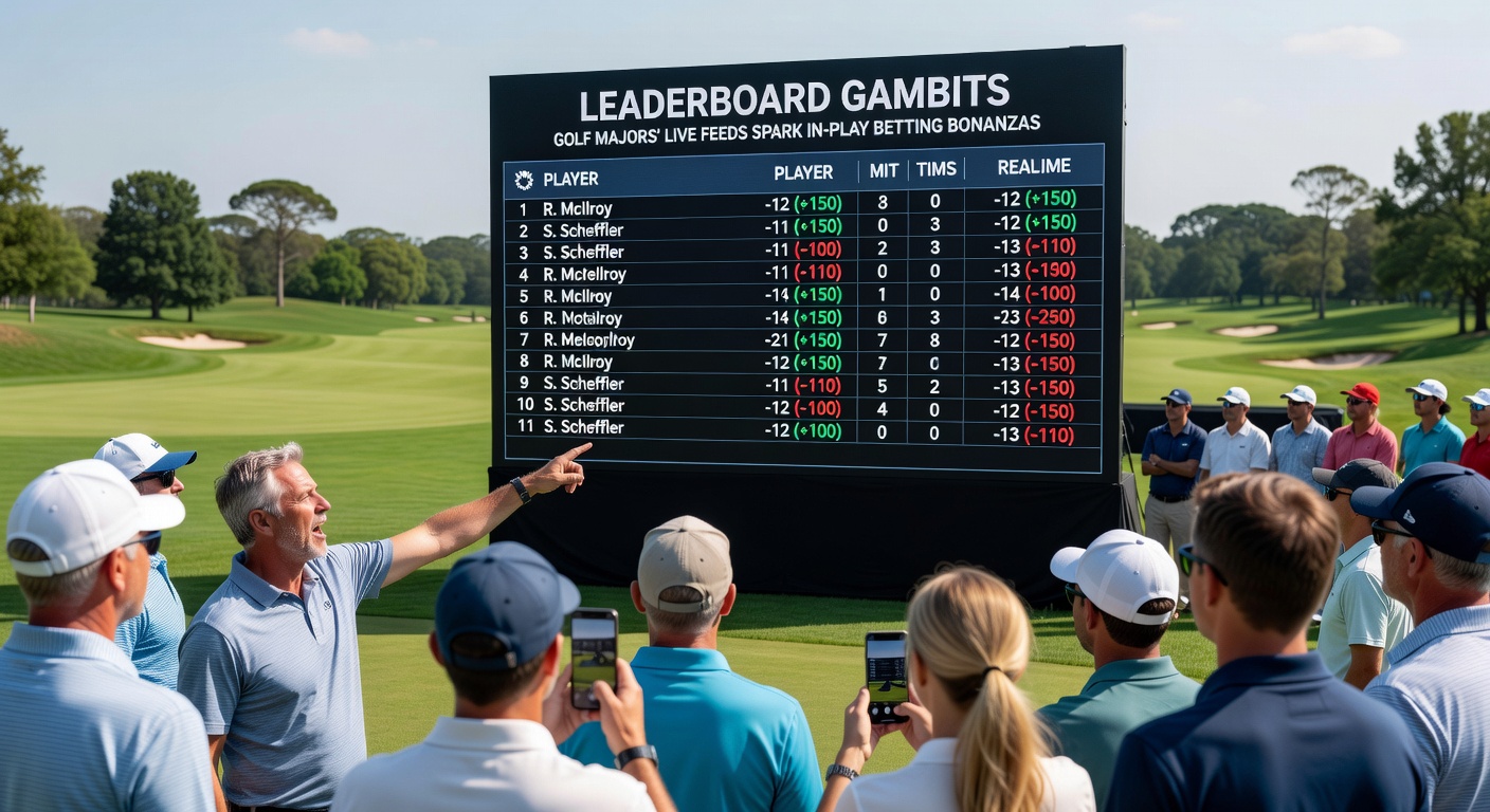 Close-up of a digital leaderboard at a golf major displaying shifting odds and player positions, with bettors' screens reflecting live in-play action