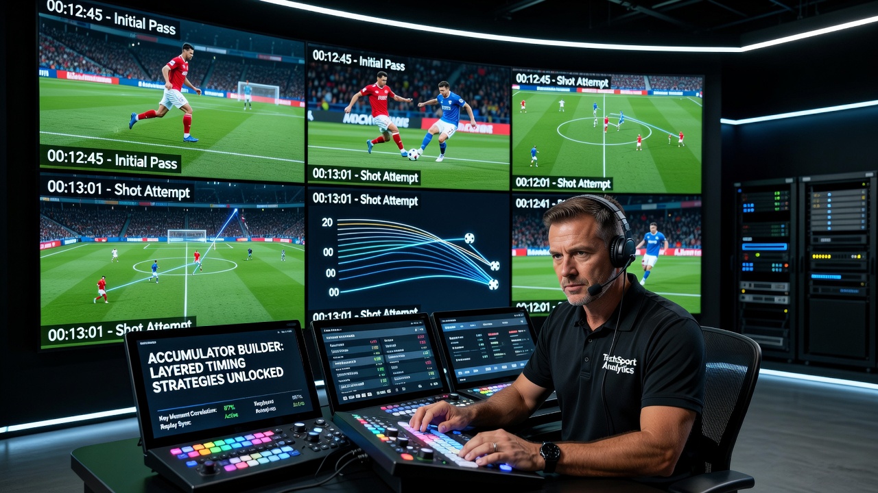 Split-screen multi-angle replay used in a soccer telecast to analyze a key match incident