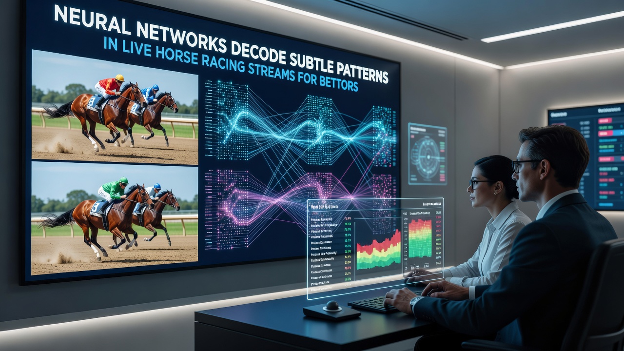 Neural network visualization overlay on a live horse racing stream showing pattern detection markers on horses and track conditions