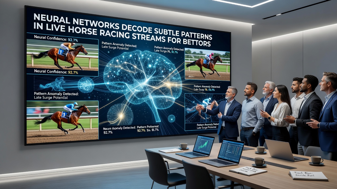 Bettor interface displaying real-time neural network insights overlaid on a horse racing broadcast with probability adjustments