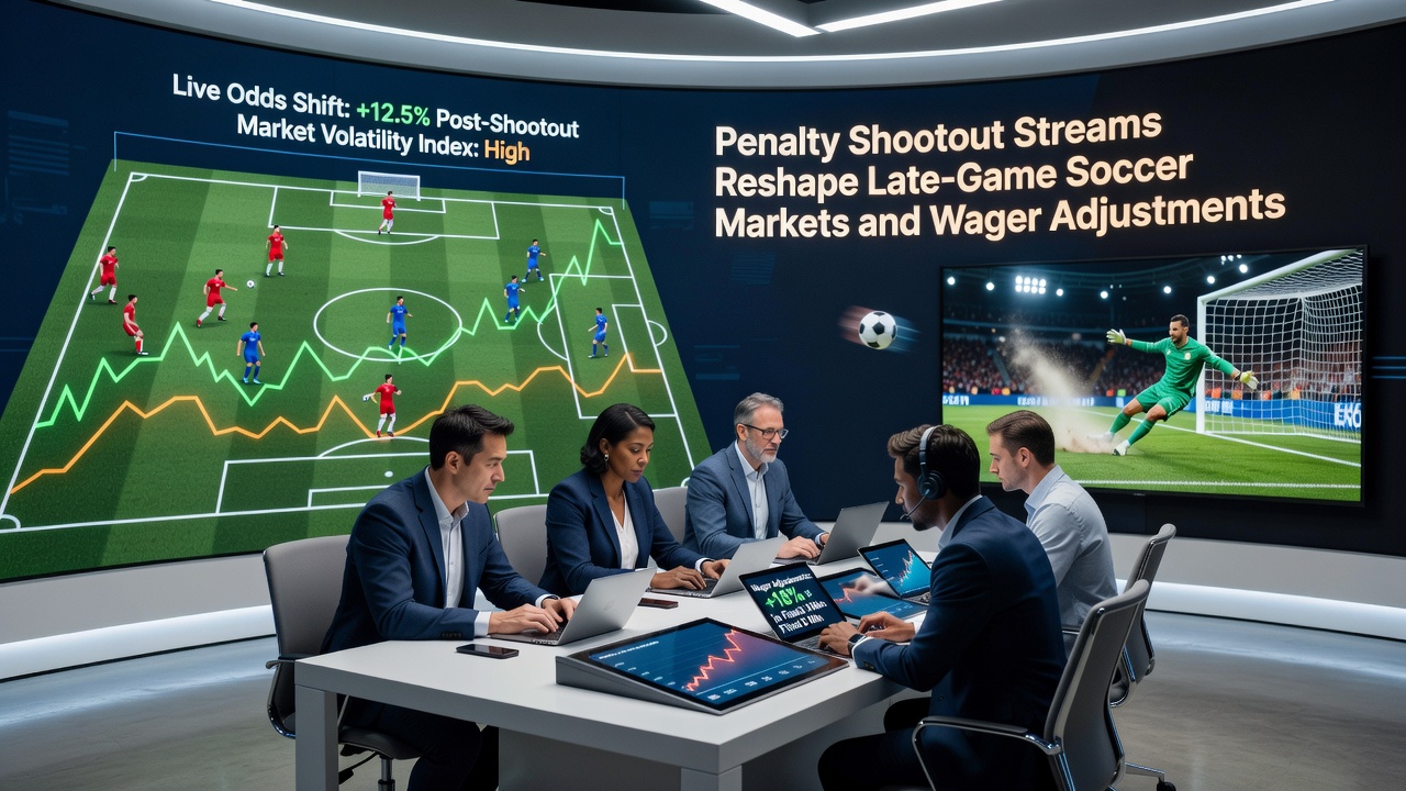 Soccer penalty shootout action with overlaid betting odds changing in real time