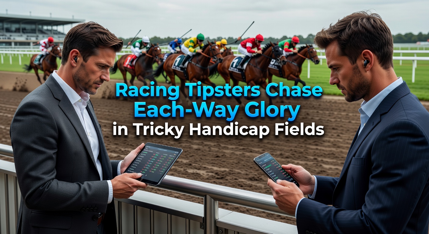 Tipsters poring over racecards in a bustling betting office, highlighting handicap fields ripe for each-way value