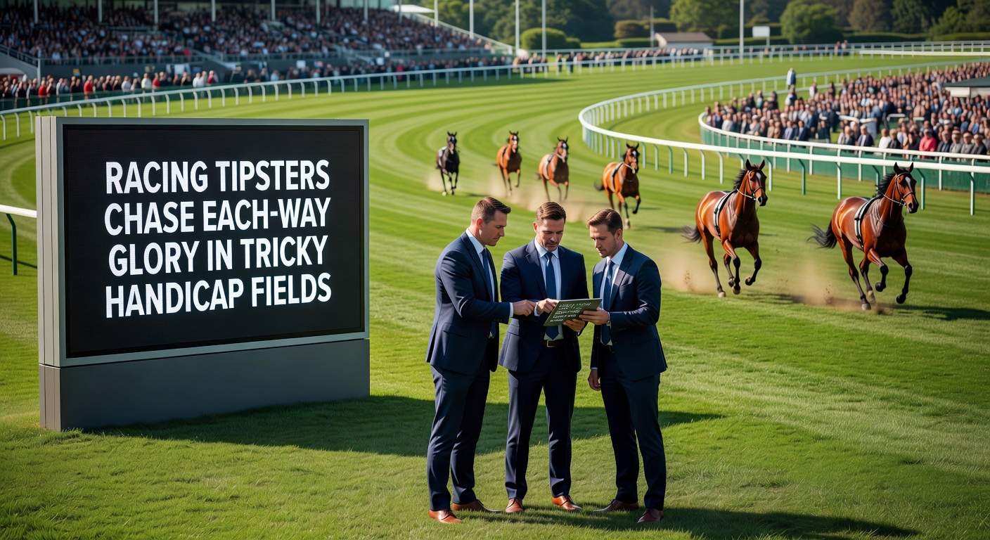 A cluster of horses charging down the straight in a crowded handicap race, with the each-way placegetter edging ahead amid the pack