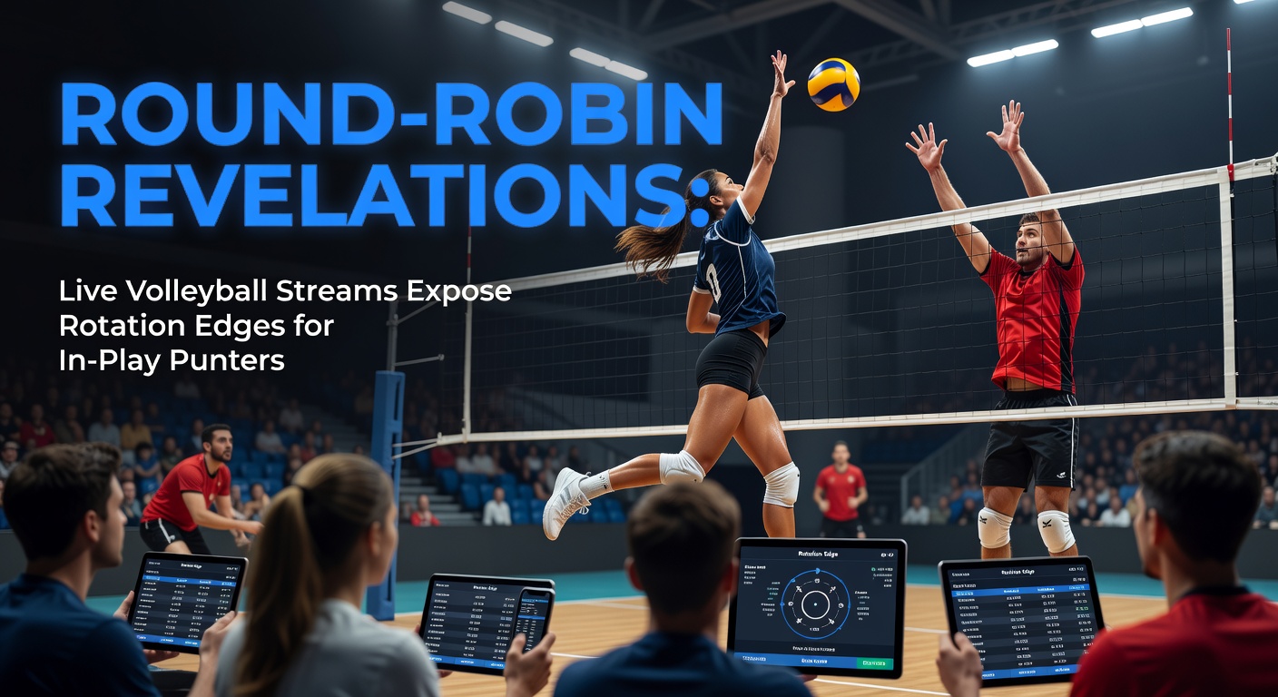 Volleyball players rotating positions during a high-stakes round-robin match, highlighting live stream visibility for bettors