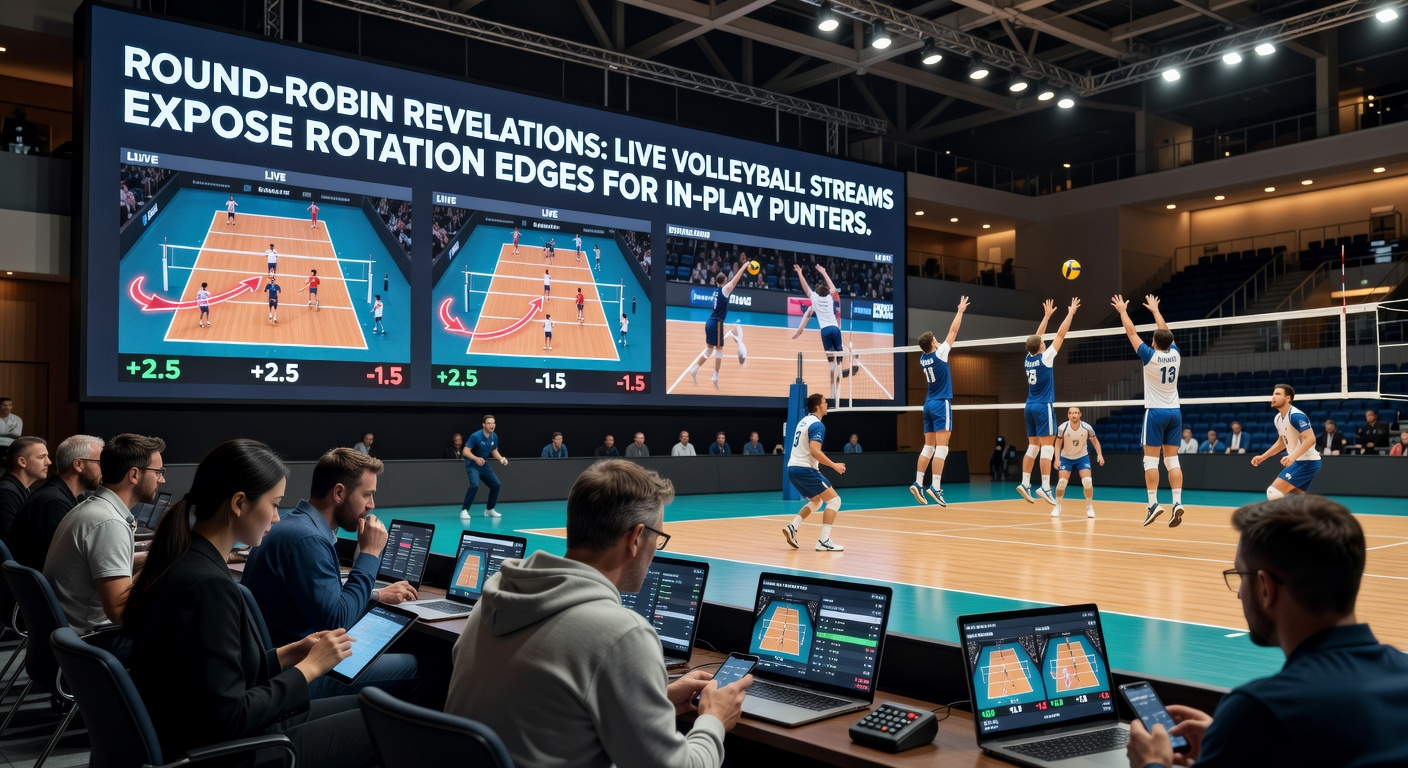 Close-up of a volleyball rotation diagram overlaid on a live stream screenshot, illustrating betting opportunities during round-robin action