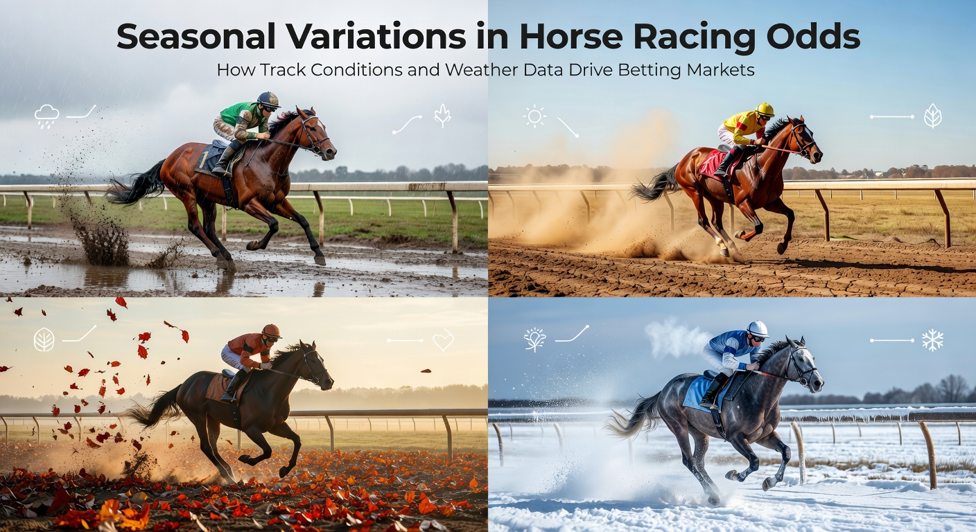 Horses racing on a damp track under overcast skies with visible mud splatter and changing ground conditions