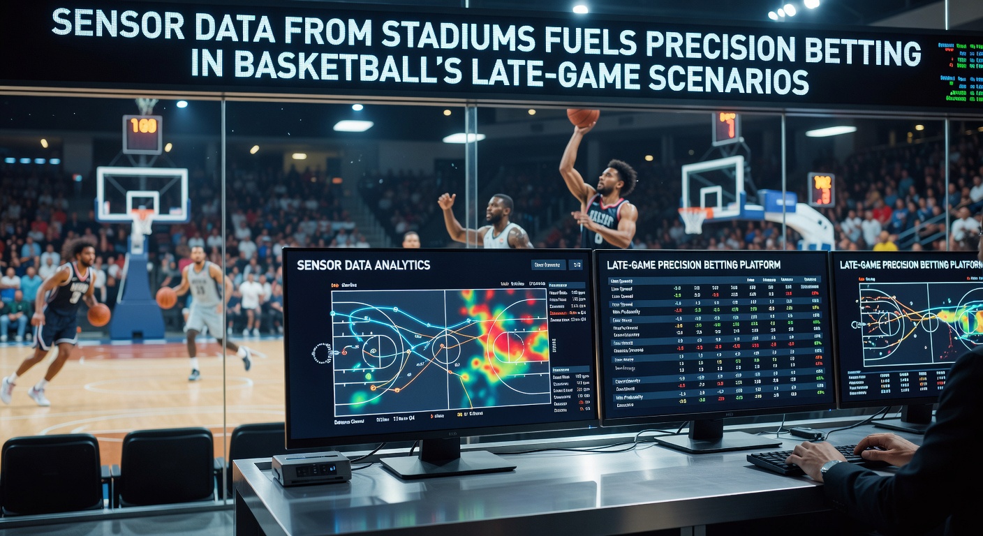 Close-up of basketball court sensors and wearable devices transmitting live performance data to betting systems