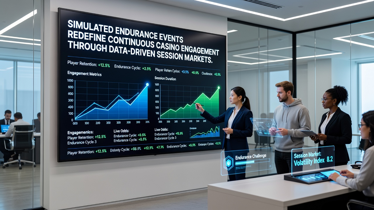 Digital rendering of a simulated ultra-marathon event interface showing real-time performance metrics and betting session overlays in a casino platform