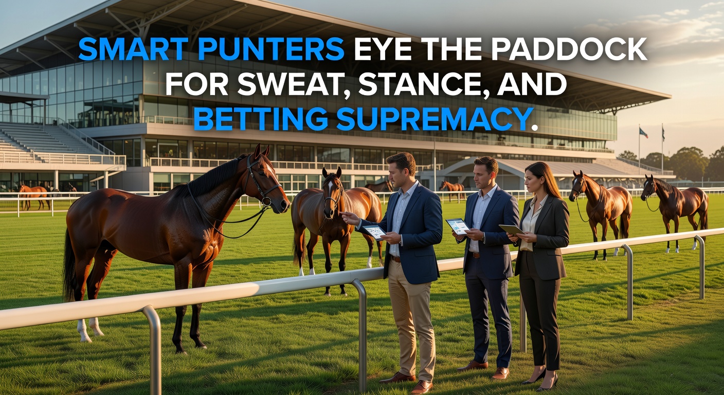 Crowd of punters closely observing horses parading in the pre-race paddock under bright lights, scrutinizing every detail from sweat patterns to leg stances