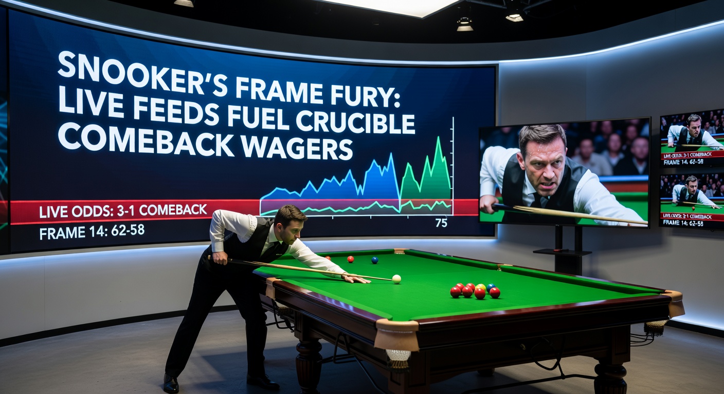 Players locked in intense snooker frame at the Crucible Theatre, cues poised mid-shot under bright lights