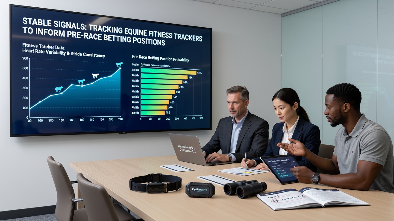 Analyst reviewing equine performance data on multiple screens in a racing office