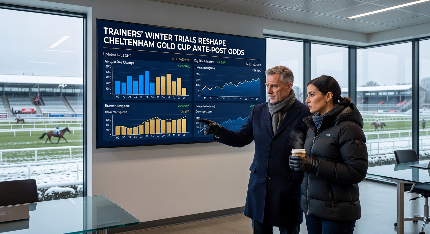Horses charging through snowy trials at Cheltenham, with trainers watching intently from the sidelines