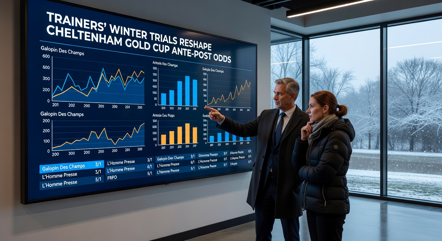 Paul Nicholls in discussion with jockeys after a trial victory, odds boards updating in the background
