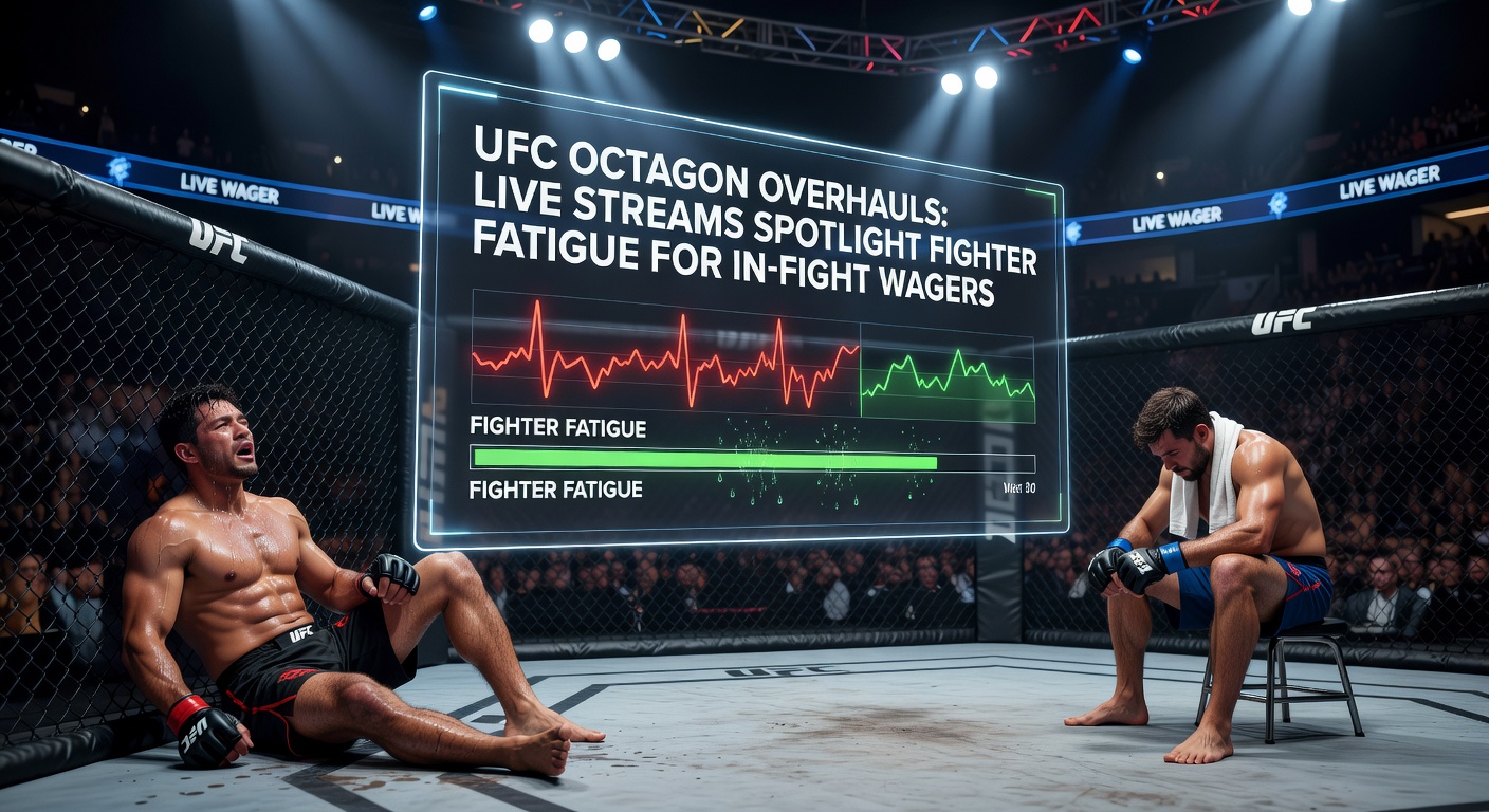 UFC fighters in the octagon during a high-stakes bout, with live stream overlays highlighting fatigue indicators like slowed strikes and heavy breathing