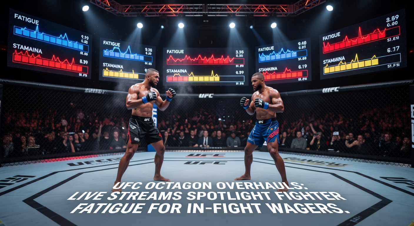 Close-up of a fatigued UFC fighter against the octagon fence, with live betting odds updating in real-time overlay