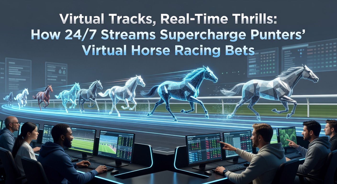 Dynamic screenshot of a virtual horse race streaming live with overlaid betting odds updating in real time, showing horses charging down a simulated track under stadium lights