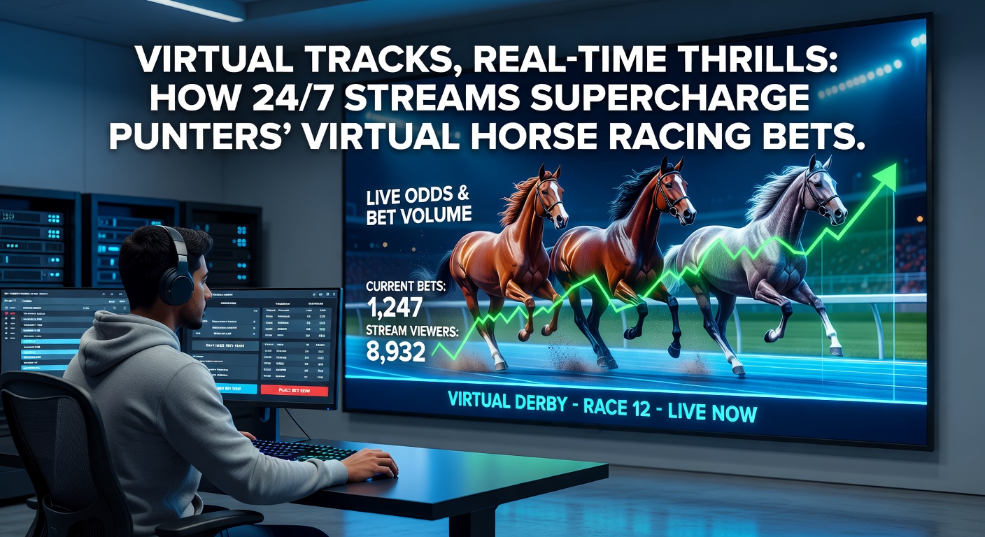 Close-up of a betting interface during a virtual horse race stream, displaying live odds for multiple horses, a progress bar for the race, and a chat overlay with punter reactions