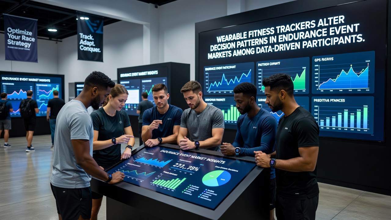 Group of runners analyzing wearable statistics on tablets after a long-distance race