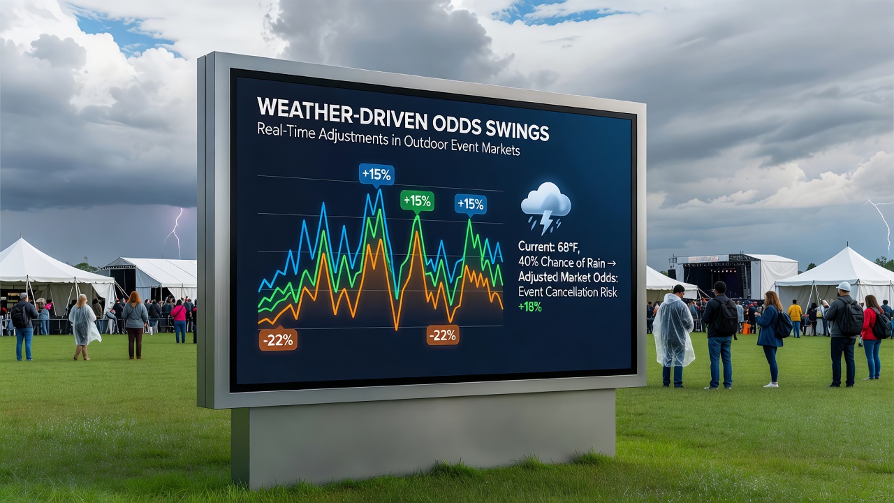 Live odds boards showing weather-related adjustments during outdoor sporting events