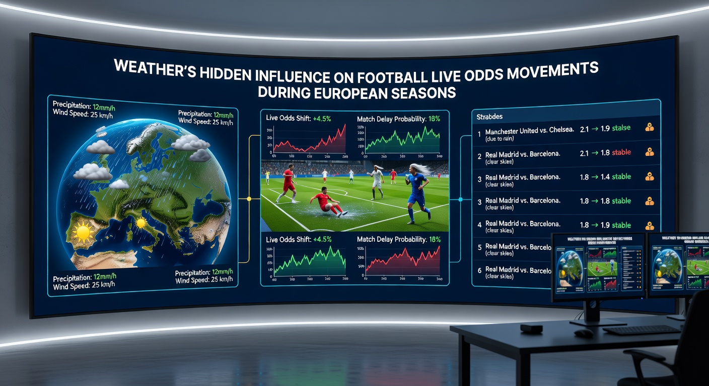 Live odds display on a betting terminal reflecting weather-related adjustments during a football match